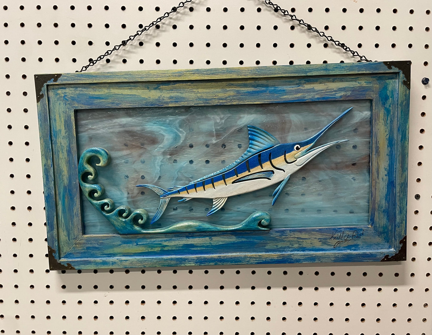 Wooden Blue Marlin on Stain Glass