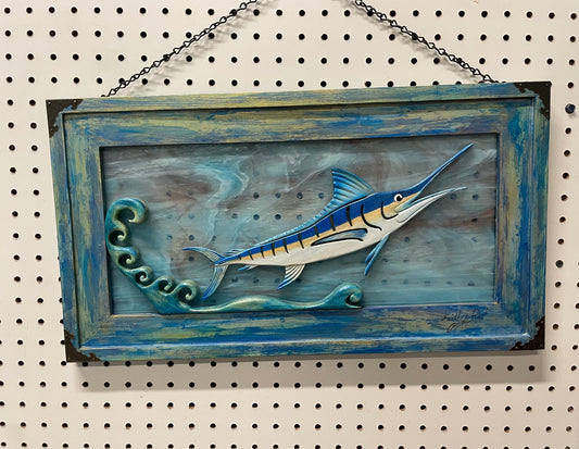 Wooden Blue Marlin on Stain Glass